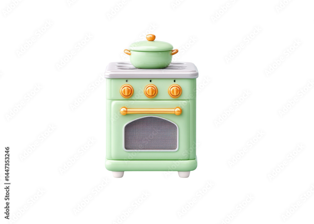 Mint green toy stove with a pot on top, isolated on transparent background. Concept of cooking, kitchen, play.