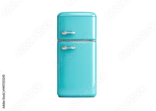 Obraz na płótnie Retro style two door refrigerator in light blue with silver handles isolated on transparent background. Appliance, cooling, kitchen. w salonie