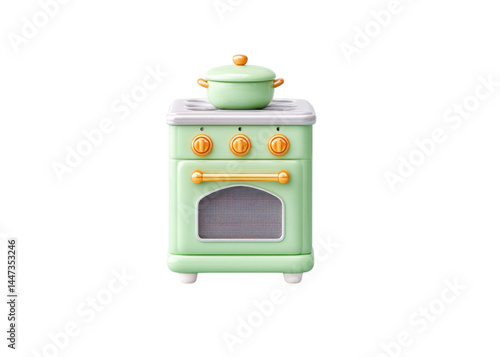 Obraz na płótnie Mint green toy stove with a pot on top, isolated on transparent background. Concept of cooking, kitchen, play. w salonie