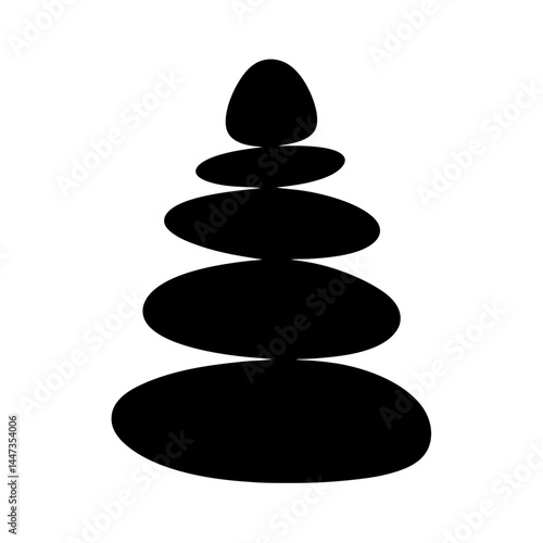 Silhouette of a stacked rock balancing sculpture against a white background