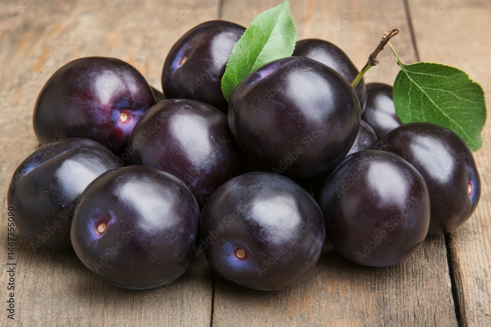 Dark Plums Clustered on Wooden Surface Dark Plums Clustered on Wooden Surface