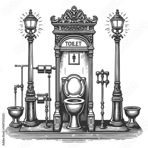 antique toilet surrounded by elegant decorative elements, including plants, plunger, and paper holder sketch engraving generative ai vector illustration. Scratch board imitation. Black and white image