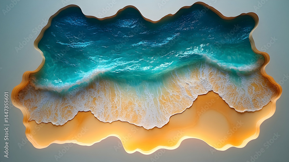Resin art piece of a tranquil beach scene, with turquoise water and golden sand. Layered design showing waves and shoreline Resin art piece of a tranquil beach scene, with turquoise water and golden sand. Layered design showing waves and shoreline