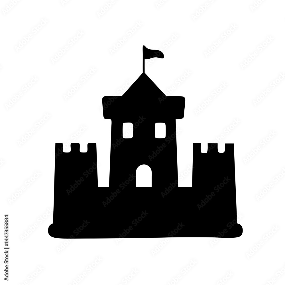Stylized black silhouette image of a castle with a flag on top Stylized black silhouette image of a castle with a flag on top