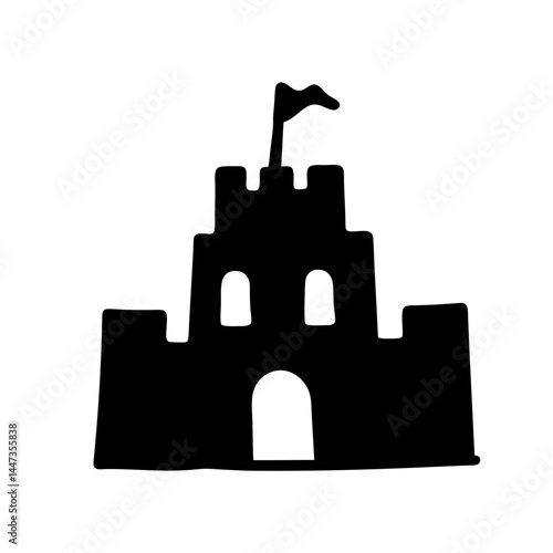 Simple Black Silhouette of a Sandcastle with Flag on Top of Tower