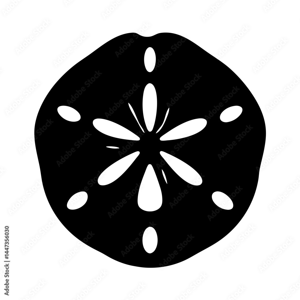 Black and white graphic of a sand dollar showing its characteristic patterns