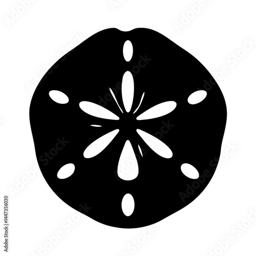 Black and white graphic of a sand dollar showing its characteristic patterns