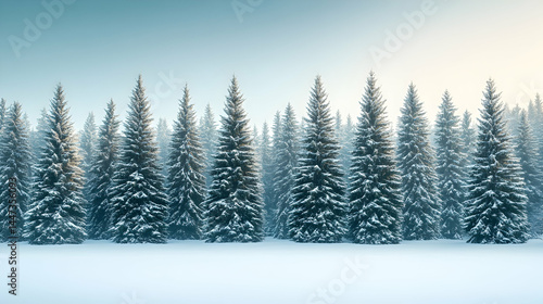 Snowy pine trees line a pristine winter landscape