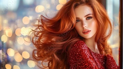 Stunning Redhead Woman in Red Dress with  Bokeh Background
