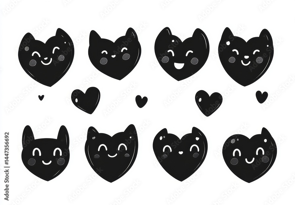 Fototapeta premium Cute black heart-shaped cat illustrations