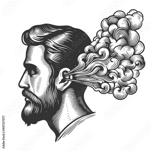 thoughtful man with mustache as swirling, decorative smoke-like patterns emerge from his head symbolizing imagination and creativity sketch engraving generative ai vector illustration. Black and white