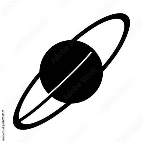 Stylized black and white image of a ringed planet in space