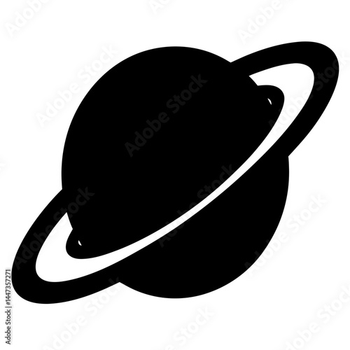 Black and white silhouette of a ringed planet against a white background