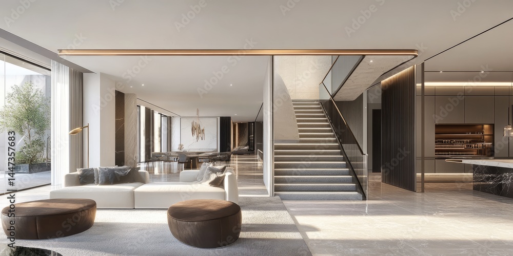 Fototapeta premium Modern Luxury Home Interior Design Featuring Staircase and Lounge