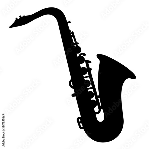 Black and white silhouette illustration of a saxophone musical instrument