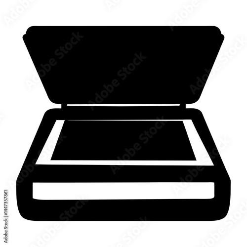 Silhouette of a black scanner with lid open, against a white background