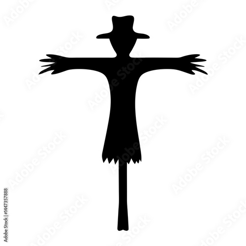 Monochrome depiction of a rural scarecrow standing in a field silhouette