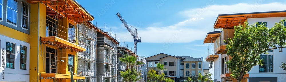Modern residential buildings with construction in progress under a blue sky. Modern residential buildings with construction in progress under a blue sky.