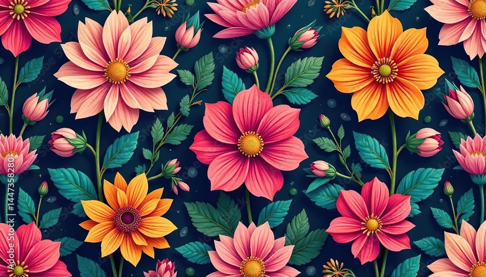 Continuous blooming floral pattern, intricate design, vector, artwork, vivid Continuous blooming floral pattern, intricate design, vector, artwork, vivid