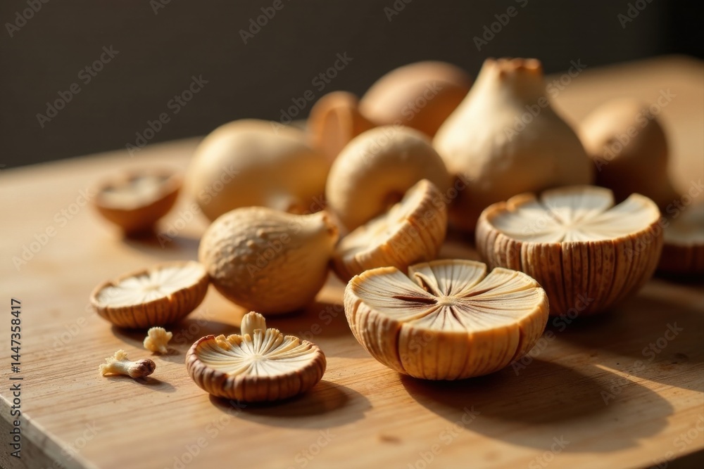 Sunlit arrangement of halved and whole dried mushrooms on a wooden surface Sunlit arrangement of halved and whole dried mushrooms on a wooden surface