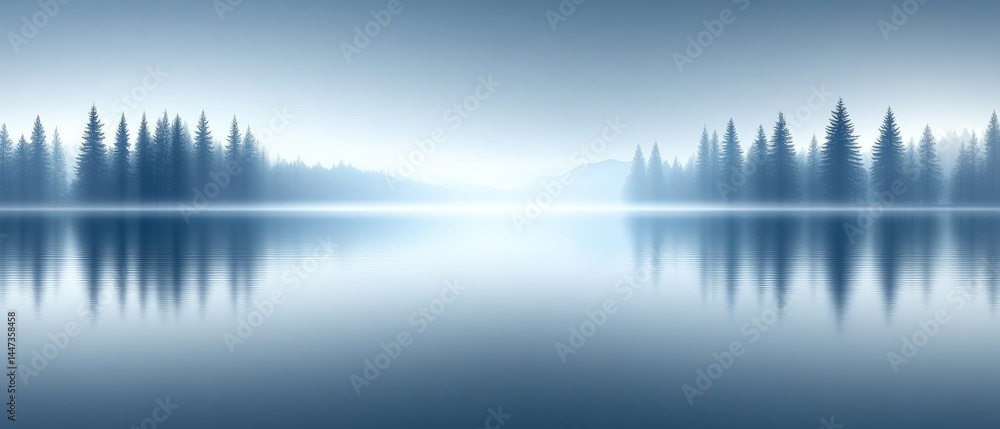 Obraz premium Serene lake reflecting trees, misty mountains. Peaceful scenery with soft, cool blues and light