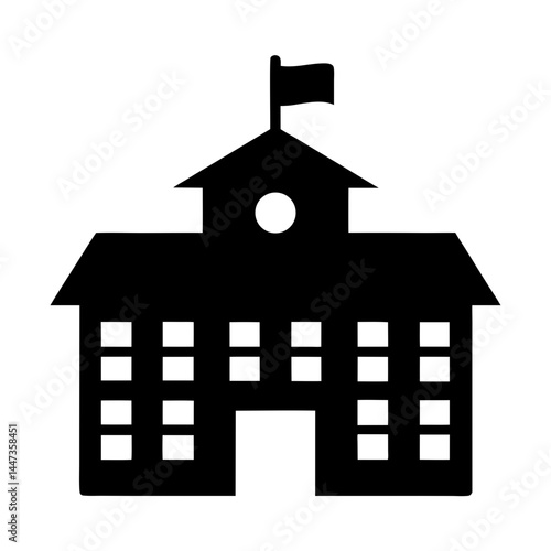 Simple black silhouette image of a classic school building with a flag