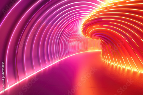 Neon-lit curved tunnel with vibrant orange and pink gradients and a glowing futuristic vibe