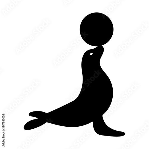 Silhouette of a sea lion balancing a ball on its nose, on white