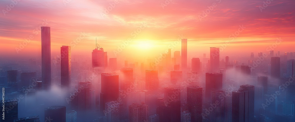Cityscape view amidst low-lying clouds under a vibrant pink and orange sunset sky Cityscape view amidst low-lying clouds under a vibrant pink and orange sunset sky
