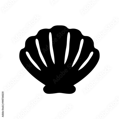 Elegant black silhouette of a seashell with radiating lines and scallop shape