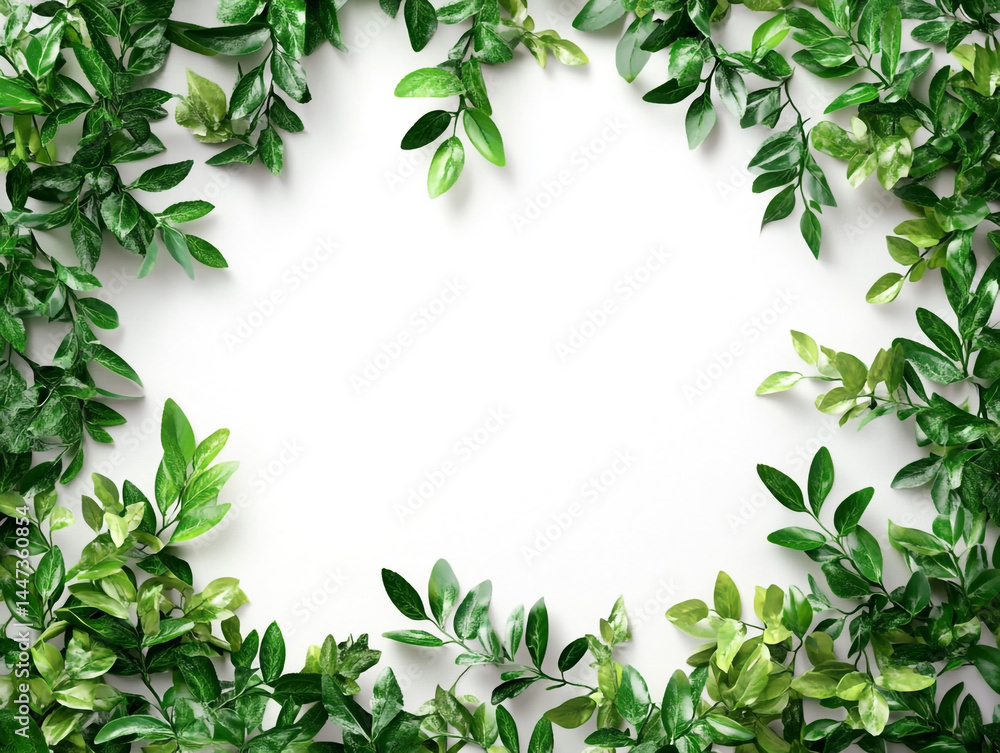 Fototapeta premium Green Leaves Creating A Natural Frame On The White Background