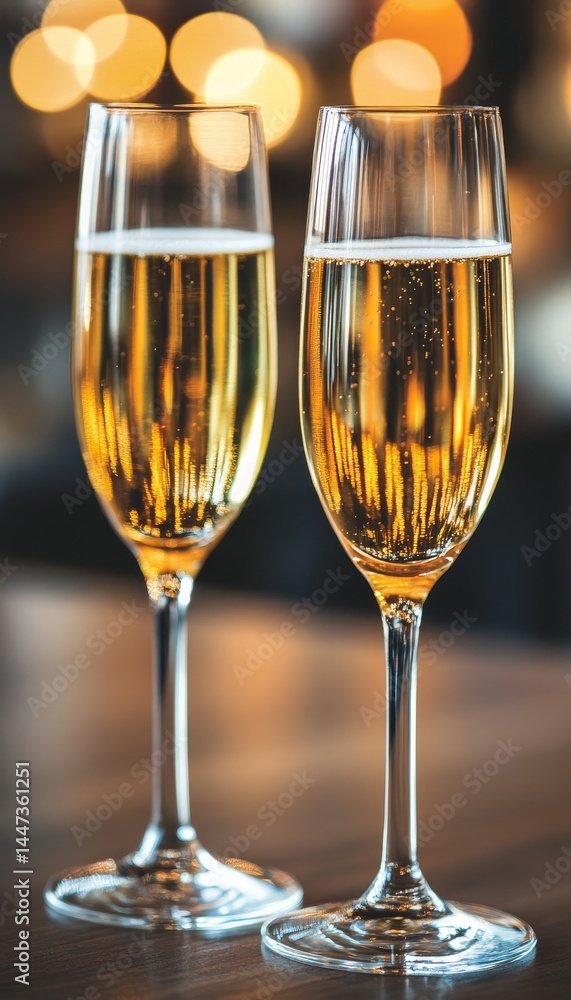 Elegant Celebration Two Champagne Flutes Filled with Golden Bubbles against Festive Bokeh Lights Elegant Celebration Two Champagne Flutes Filled with Golden Bubbles against Festive Bokeh Lights