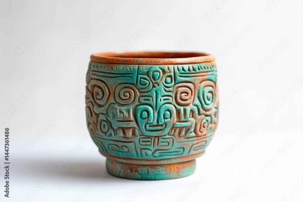 Ornate teal and terracotta pot with ancient-inspired carvings. Ornate teal and terracotta pot with ancient-inspired carvings.