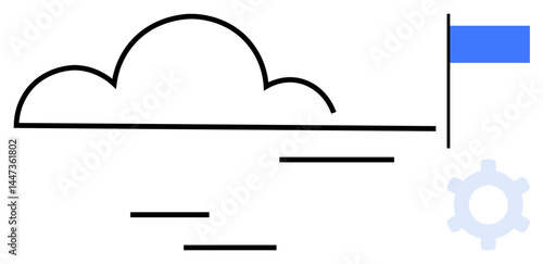 Cloud shape with horizontal lines, blue flag on pole, and gear icon. Ideal for technology, networking, goals, achievement, planning innovation and progress. Flat simple metaphor