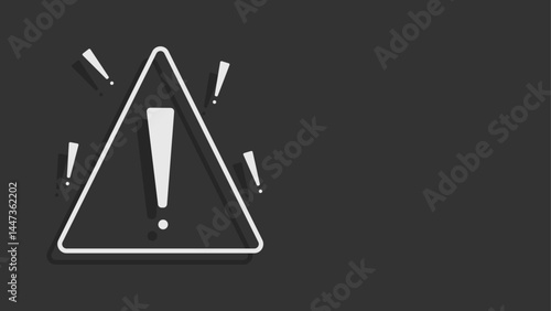 Triangular warning sign with a large exclamation mark and additional exclamation accents on a dark background. Black and white warning background.