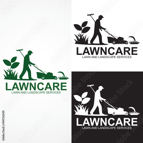 Lawncare Service Logo Featuring a House, Lawnmower, and Gardener logo