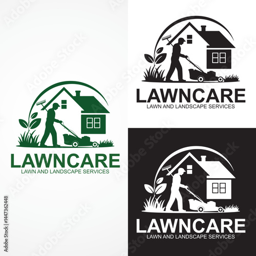 Tableau sur toile Lawncare Service Logo Featuring a House, Lawnmower, and Gardener logo