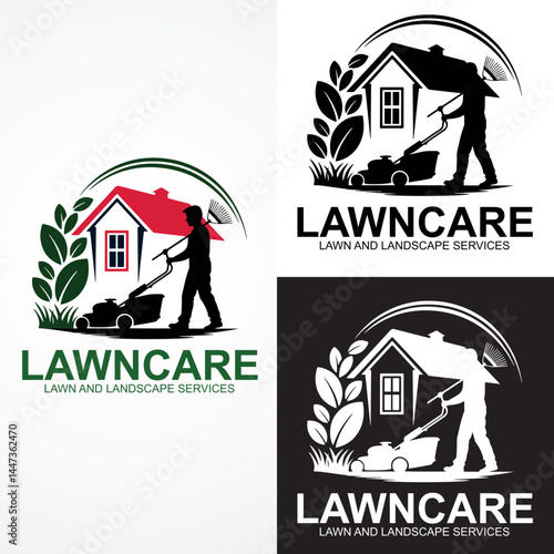 Lawncare Service Logo Featuring a House, Lawnmower, and Gardener logo