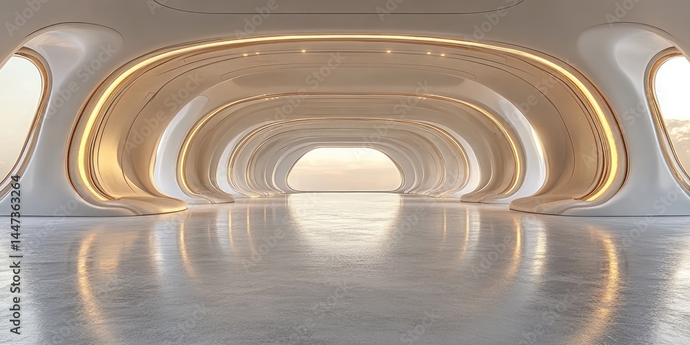 Fototapeta premium Futuristic Architectural Corridor With Golden Accents And Windows