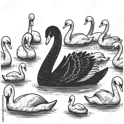 black swan surrounded by white swans, representing an outlier, rarity, or unexpected disruptive force sketch engraving generative ai vector illustration. Scratch board imitation. Black and white image