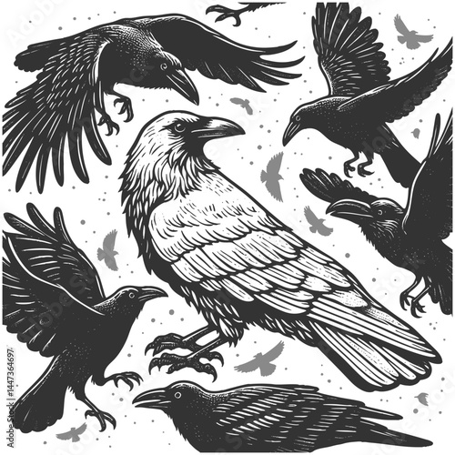 rare white crow surrounded by black crows, symbolizing uniqueness, nonconformity, and standing out from the crowd sketch engraving generative ai vector illustration. Scratch board. Black and white.