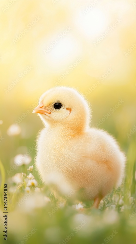 Adorable yellow chick standing in a grassy field with white flowers, bathed in soft sunlight and warm springtime ambiance.
Adorable yellow chick standing in a grassy field with white flowers, bathed in soft sunlight and warm springtime ambiance.