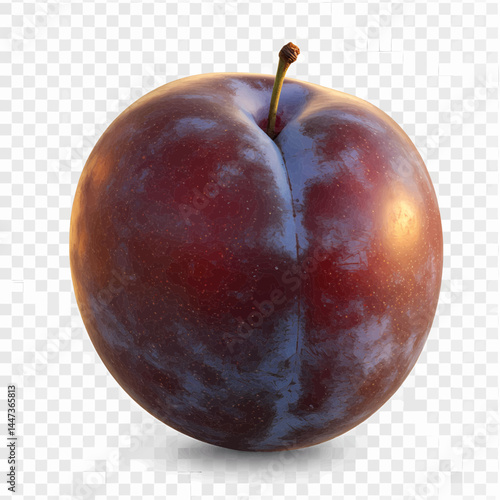 A single plum fruit placed in the center of a transparent PNG image. The plum fruit has a deep purple-red skin with a slight waxy or dusty coating that gives it a dull sheen. Vector Illustration