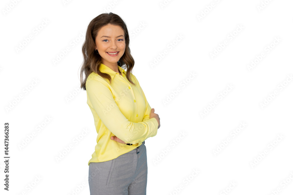 Professional woman confidently crossing arms, smiling against transparent backdrop Professional woman confidently crossing arms, smiling against transparent backdrop