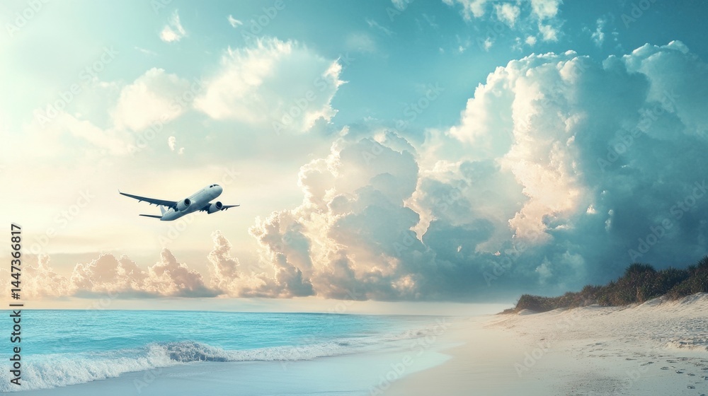 A commercial airplane soars above a serene tropical beach with turquoise waves and clouds A commercial airplane soars above a serene tropical beach with turquoise waves and clouds