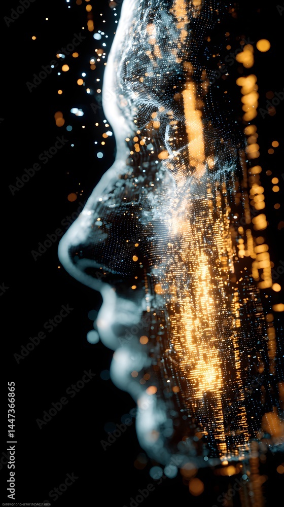 Digital Human Face Emerging from Glowing Binary Code and Pixel Fragments – Concept of Evolving AI Consciousness