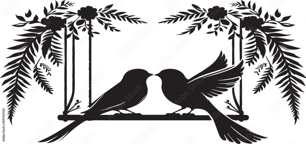 Naklejka premium Birds on a swing, a romantic silhouette illustration