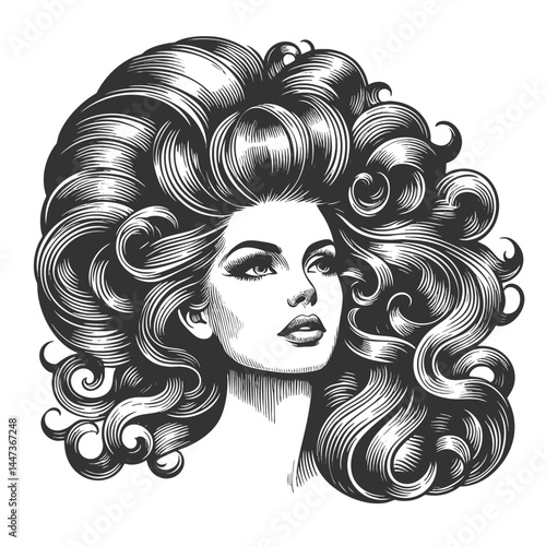 woman with an enormous, intricately curled hairstyle, blending surrealism, elegance, and vintage artistic style sketch engraving generative ai vector illustration. Scratch board. Black and white image