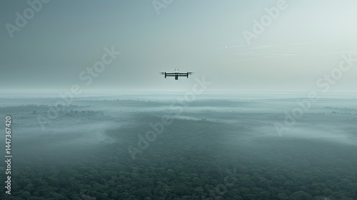Drone soaring above misty forest