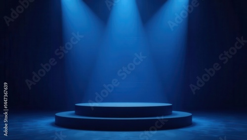 Sleek black podium, blue gradient backdrop, dramatic spotlights , graphic, mockup, texture